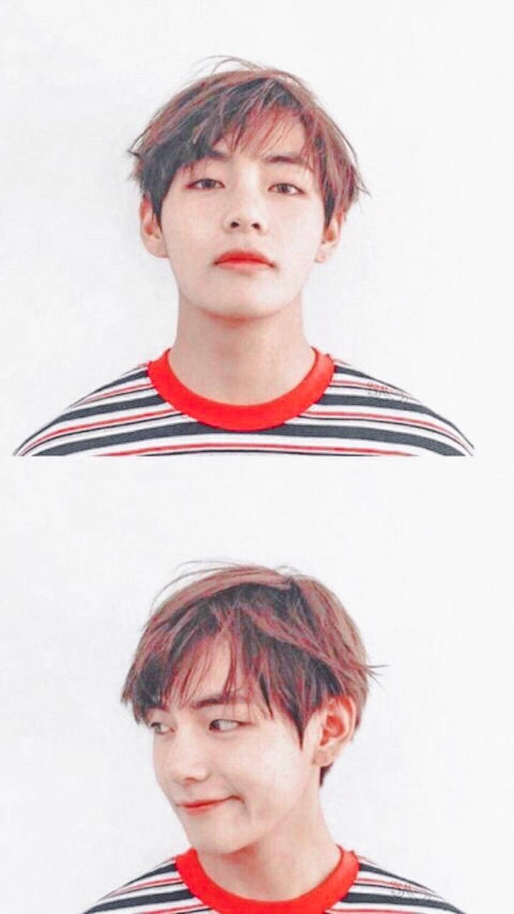 Taehyung Cute 桌布 壁紙 — 一位年輕男子，棕色亂髮，紅唇，身穿紅色領條紋襯衫，背景為純白色。