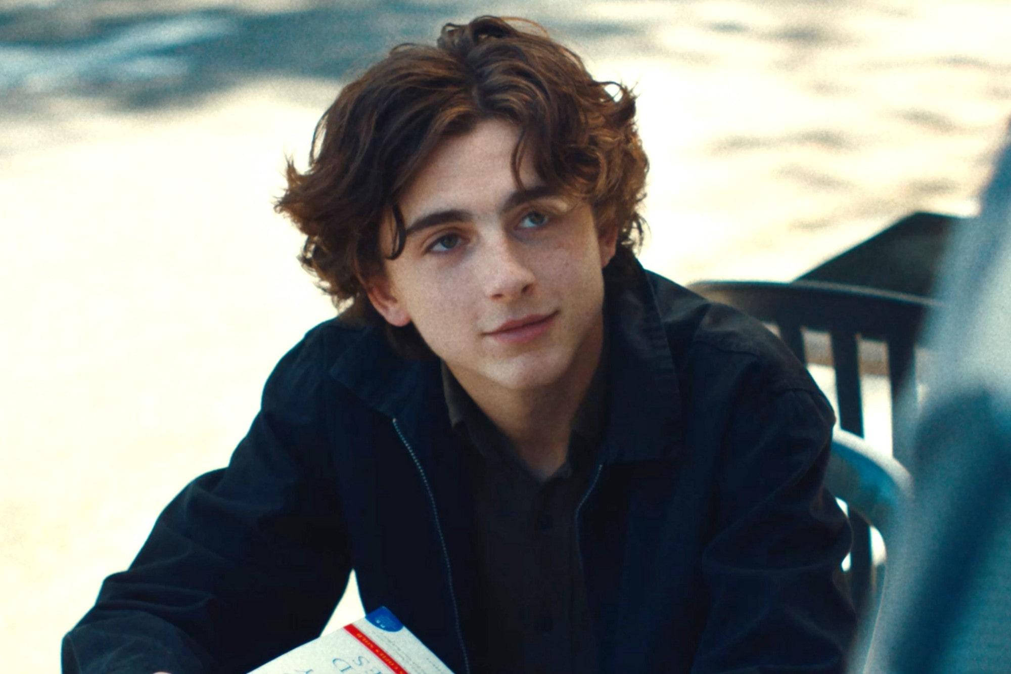 Timothée Chalamet 桌布 壁紙 — 一位年輕男子，棕色波浪頭髮，身穿黑色外套，坐在戶外，手持一本書，表情若有所思。