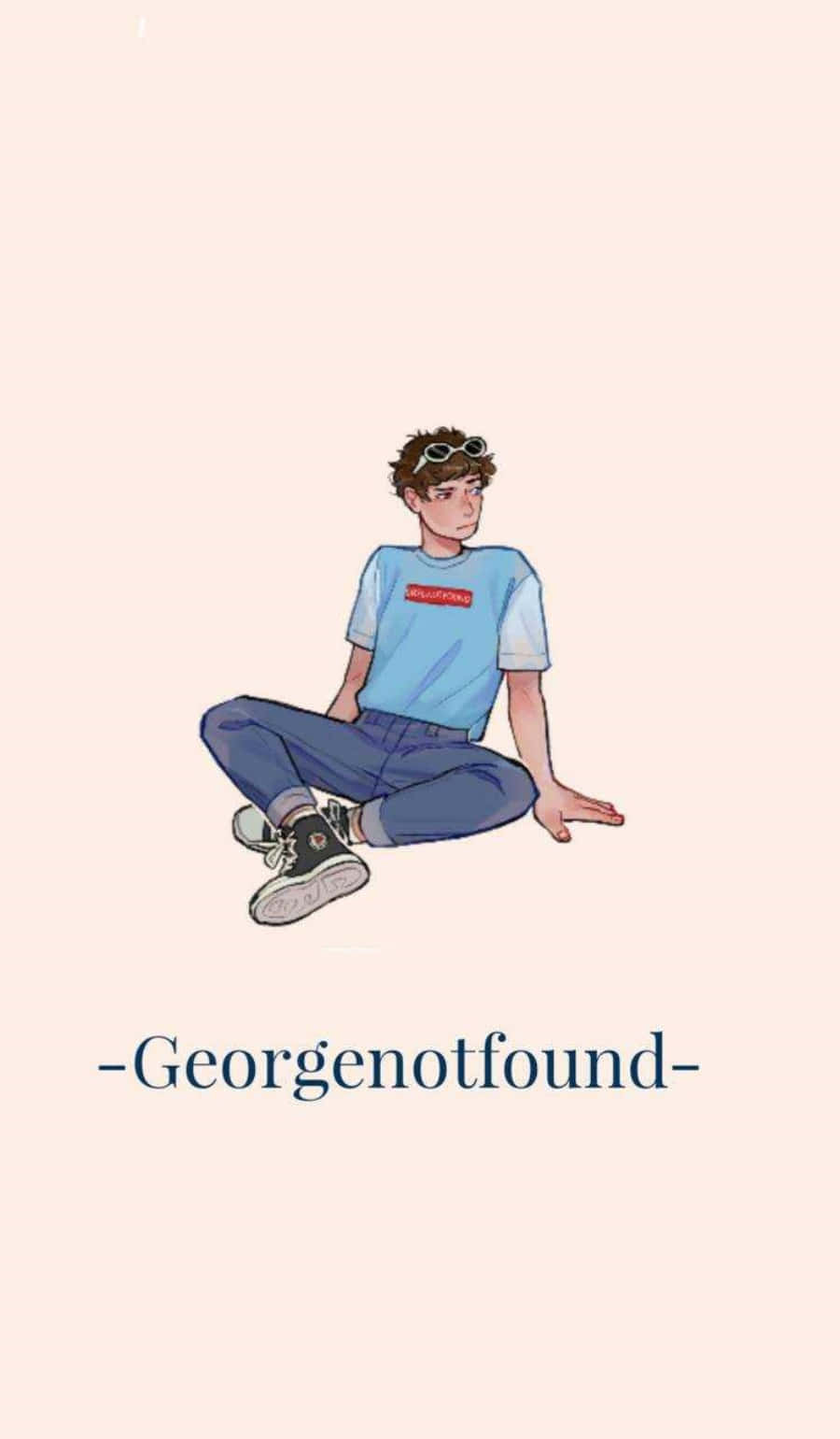 georgenotfound 桌布 壁紙 — 一位年輕男子，頭髮捲曲，太陽眼鏡擱在頭上，穿著淺藍色T恤和牛仔褲，在柔和的桃色背景前盤腿而坐。