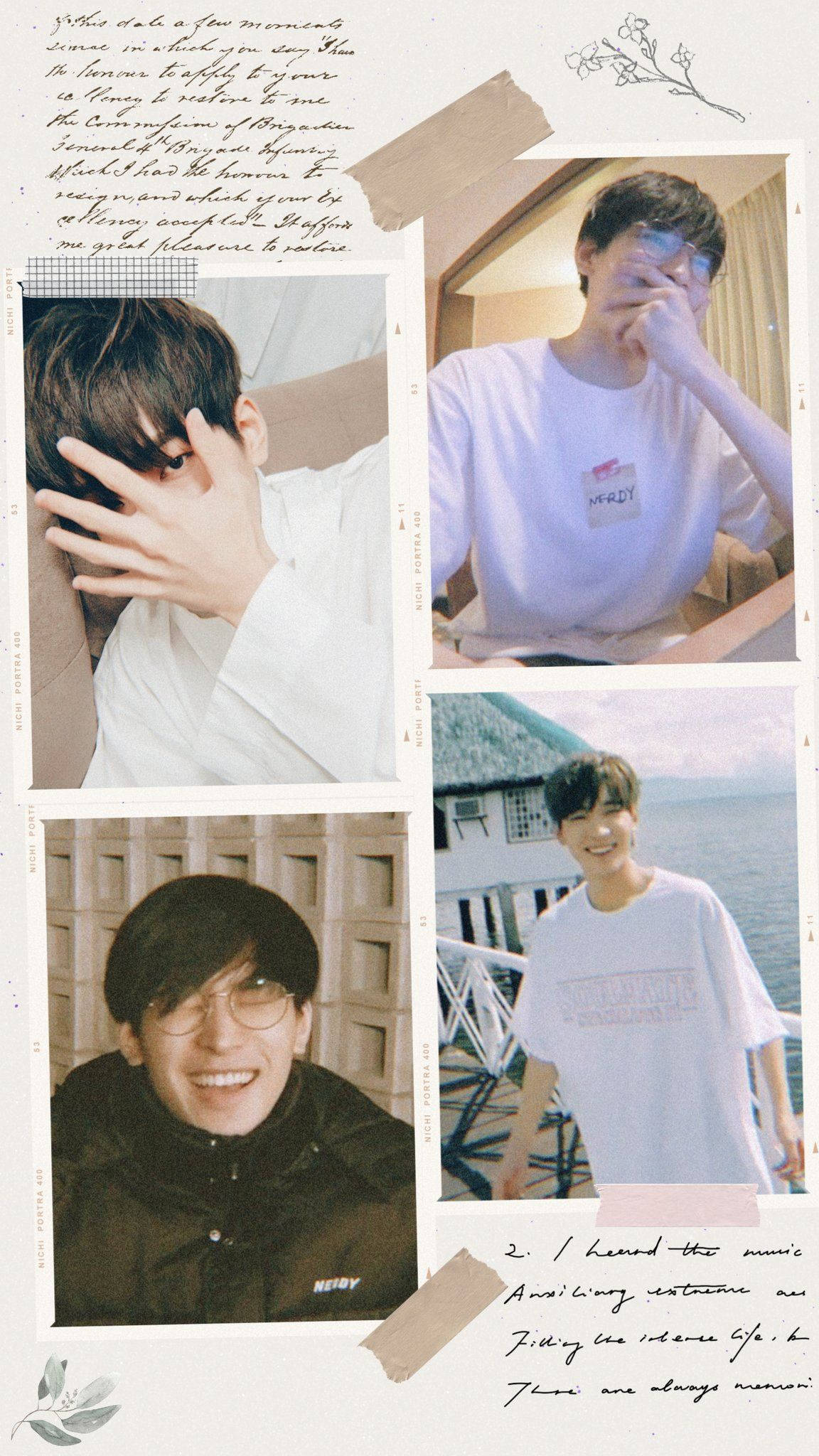 Wonwoo 桌布 壁紙 — 一位年輕男子在不同姿勢和場景中的四張自然照片拼貼，以手寫筆記和裝飾性紙元素框起。