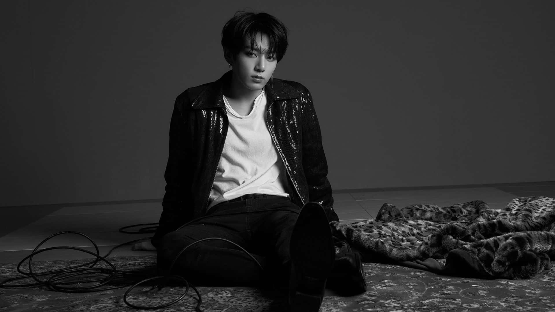 Jungkook 桌布 壁紙 — 一位年輕男子坐在黑白工作室的圖案地毯上，穿著閃亮外套，直視鏡頭，表情嚴肅。