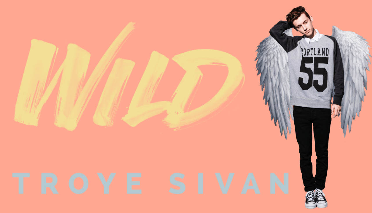 Sivan 桌布 壁紙 — 一位年輕男子擁有天使翅膀，穿著Portland 55衛衣，背景為珊瑚色，帶有粗體「WILD」文字。