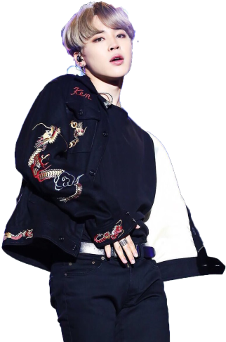 BTS 桌布 壁紙 — 一位年輕男子梳著時尚髮型，穿著黑色刺繡紅龍外套和深色牛仔褲，背景簡潔。
