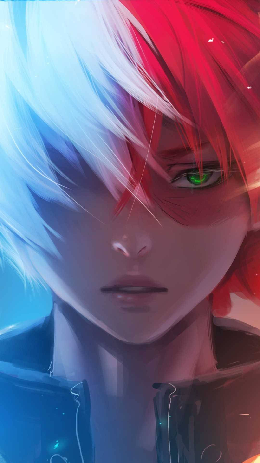 Todobakudeku 桌布 壁紙 — 一位年輕男子的特寫動畫肖像，擁有引人注目的紅藍色頭髮和發光的綠色眼睛。