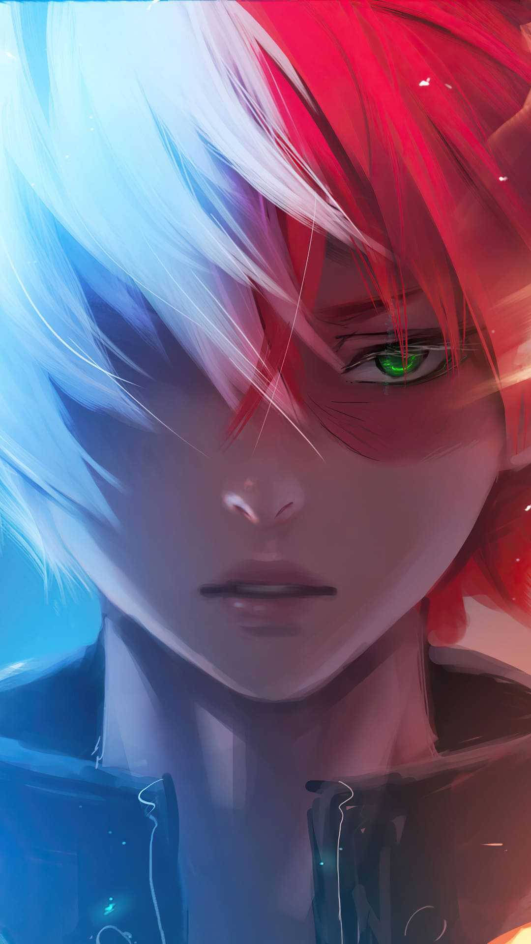 Todoroki Aesthetic 桌布 壁紙 — 一位年輕男子的特寫動畫肖像，擁有引人注目的紅藍色頭髮和發光的綠色眼睛。