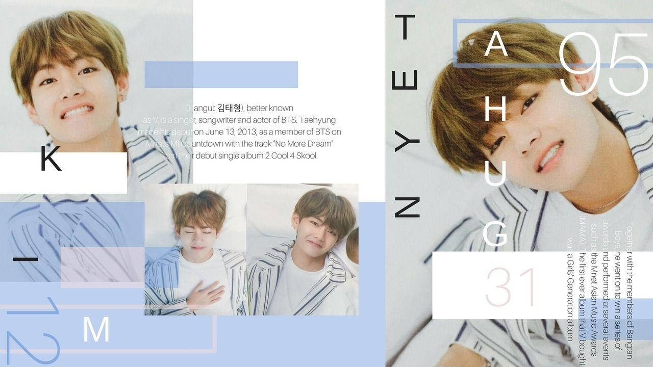 v 桌布 壁紙 — 一位年輕的K-pop偶像在風格化的雜誌版面中溫暖微笑，搭配大膽字體和柔和藍色點綴。