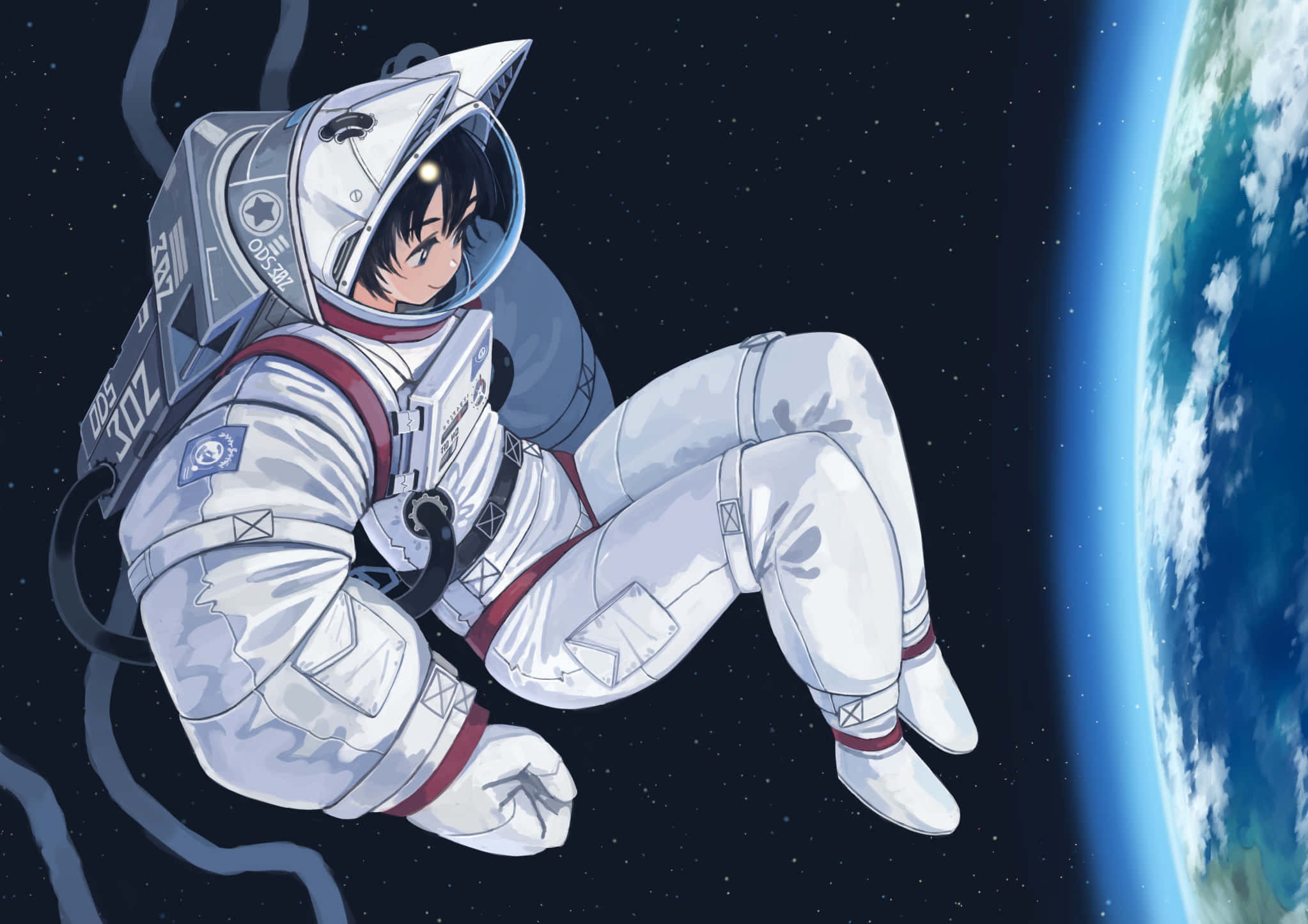 地球 桌布 壁紙 — 一位年輕的動漫太空人在太空中平靜地漂浮，身後的地球發出藍色和白色的光芒。