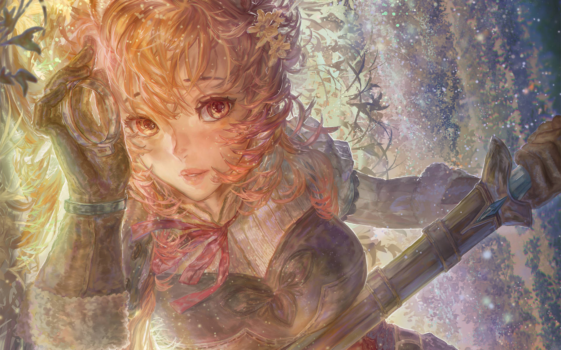 Raphtalia 桌布 壁紙 — 一位年輕的動漫女孩，擁有火紅的橙色頭髮和紅色眼睛，在閃閃發光的魔法森林中手持發光球體和劍。