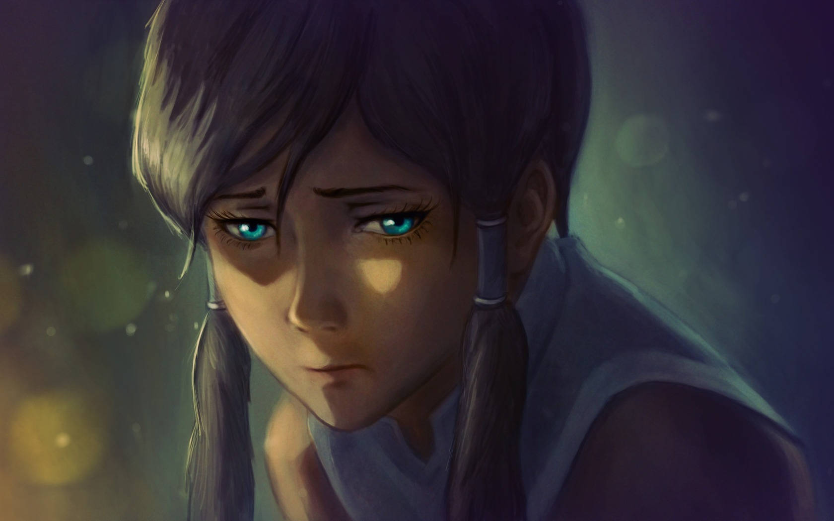 Korra 桌布 壁紙 — 一位年輕的動漫女孩，擁有發光的藍色眼睛和深色雙馬尾，在柔和模糊的散景背景下專注地凝視。