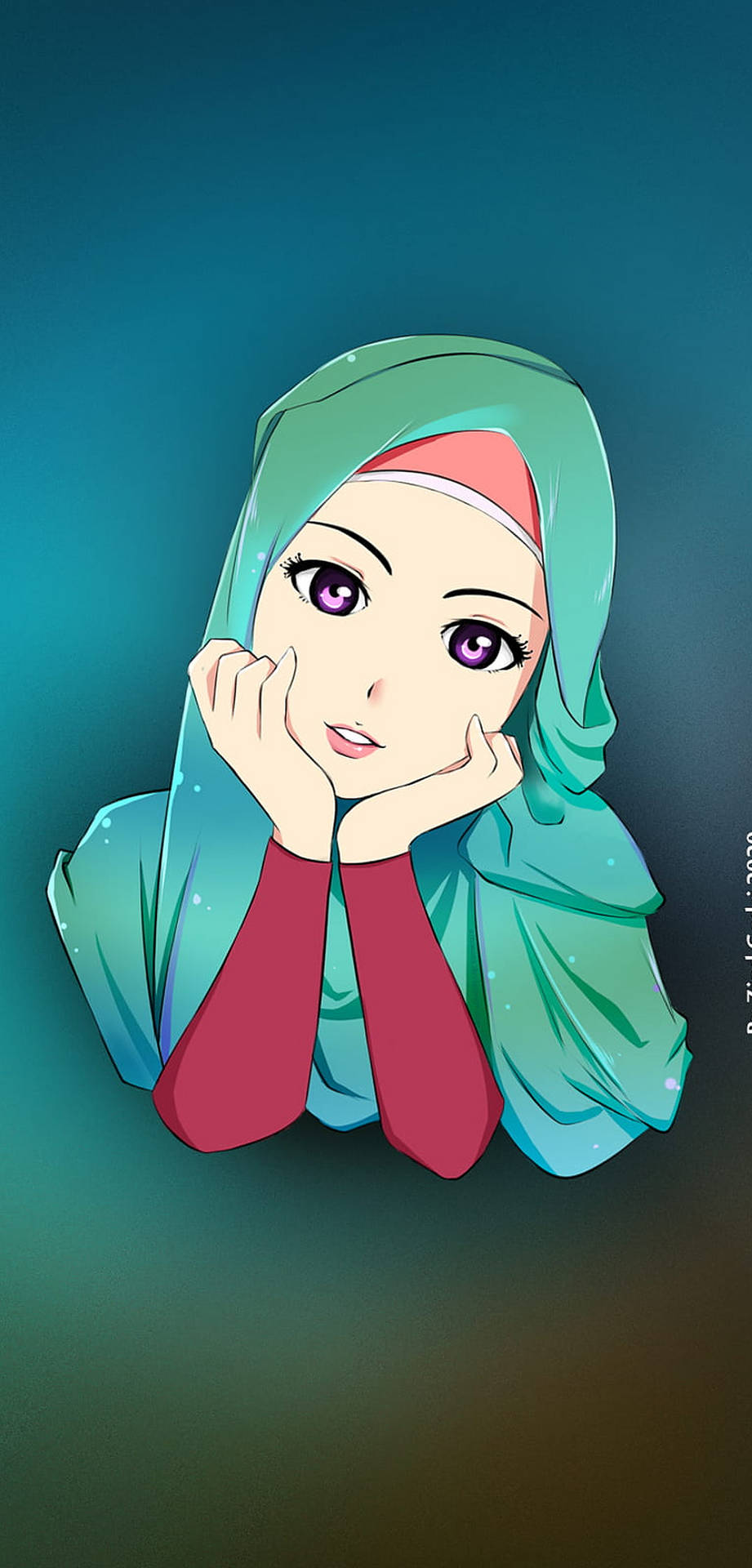 動漫女孩，紫色眼睛和青色頭巾，將下巴擱在手上。 — 深綠色動畫 壁紙