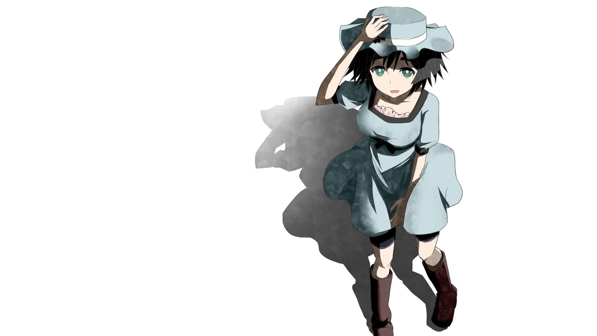 Mayuri Shiina 桌布 壁紙 — 一位年輕的動漫女孩，擁有綠色眼睛和黑色頭髮，在純白色背景前調整她的灰色帽子，穿著配套的連衣裙和棕色靴子。