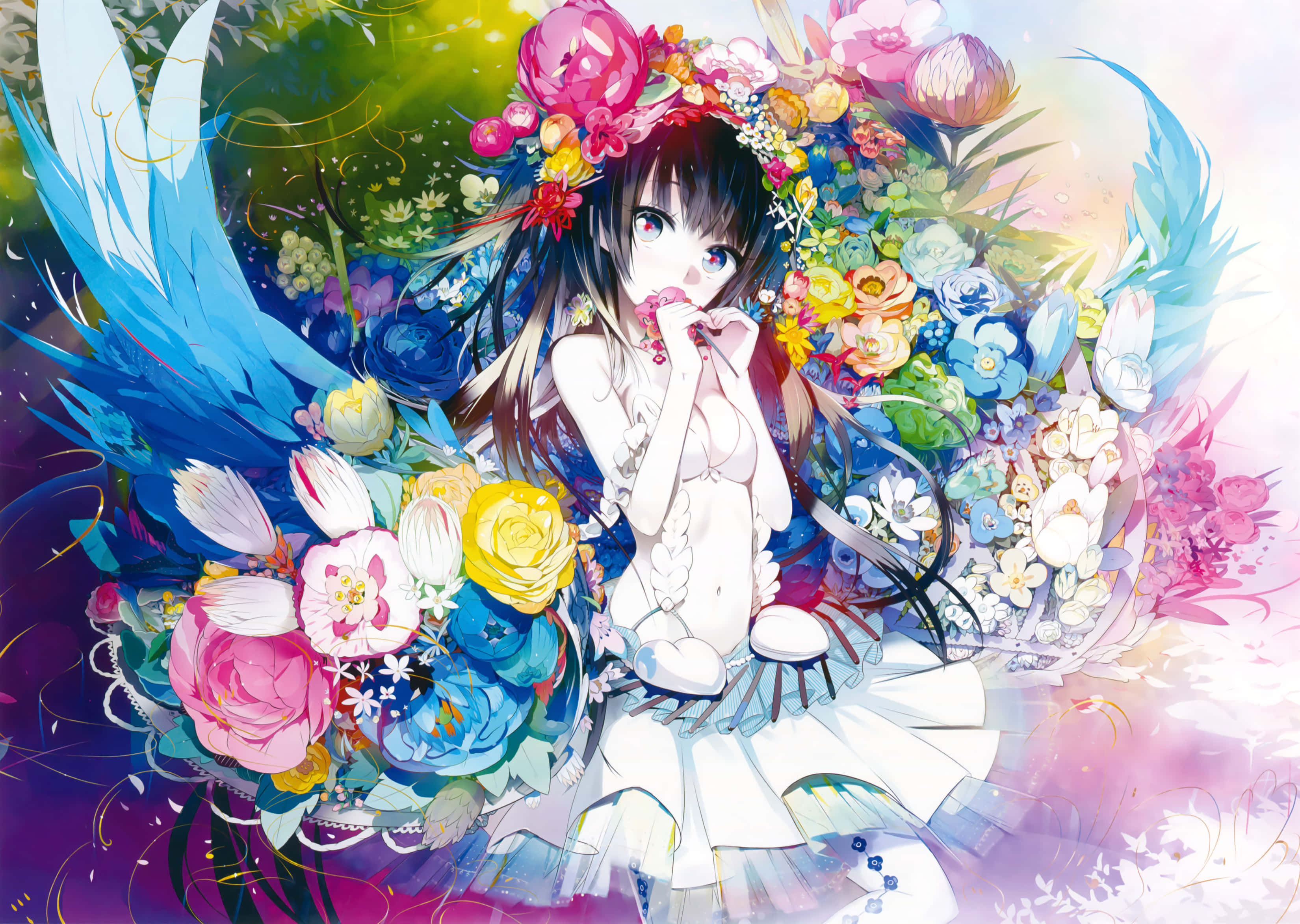 Anime Flower 桌布 壁紙 — 一位年輕的動漫女孩，擁有藍色羽毛翅膀和花冠，坐在色彩繽紛的花朵爆炸中，風格夢幻如畫。