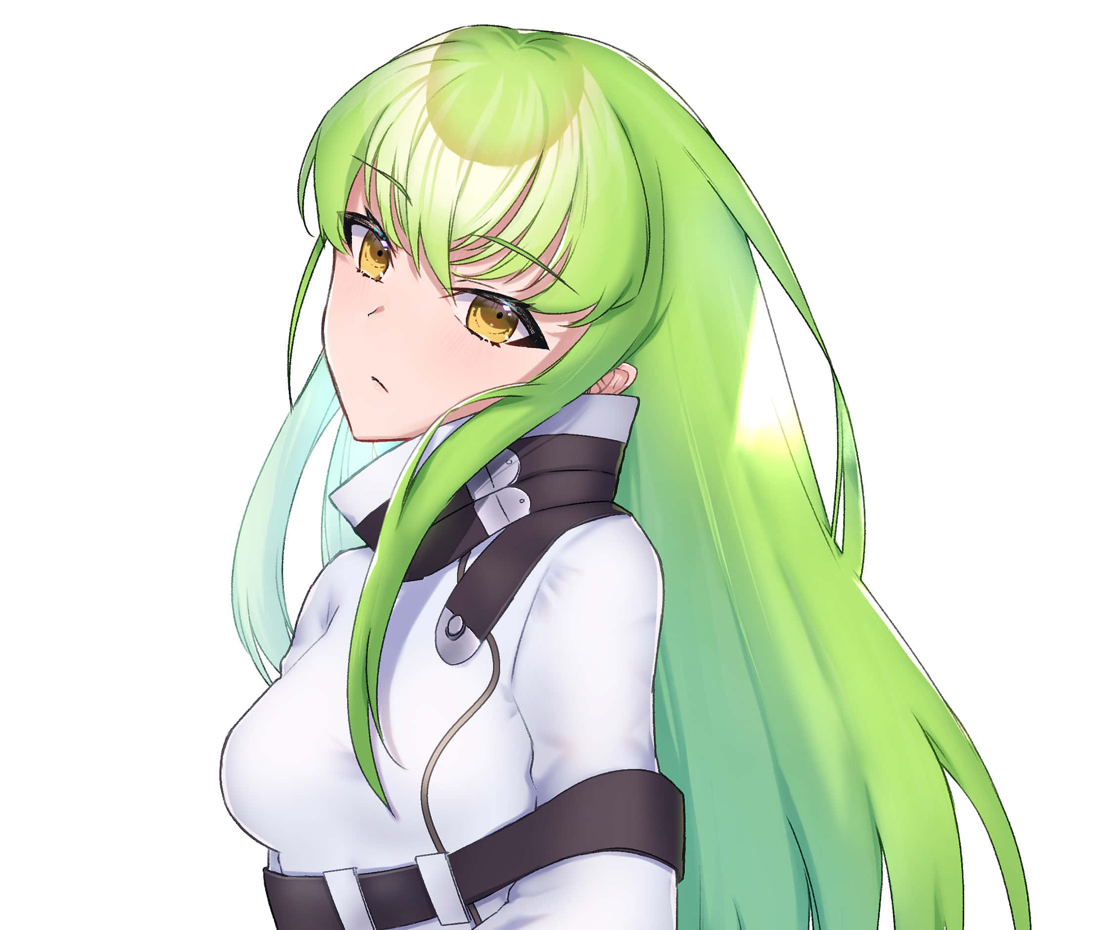 Milly Ashford 桌布 壁紙 — 一位年輕的動漫女孩，擁有長而充滿活力的綠色頭髮和金色眼睛，穿著帶有黑色帶子的白色服裝，背景為純白色。