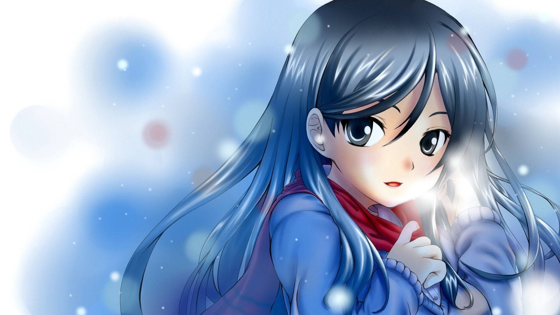 Girly Cartoon 桌布 壁紙 — 一位年輕的動漫女孩，擁有長長的藍色頭髮和紅色圍巾，在夢幻般的藍色散景背景下溫柔地凝視。