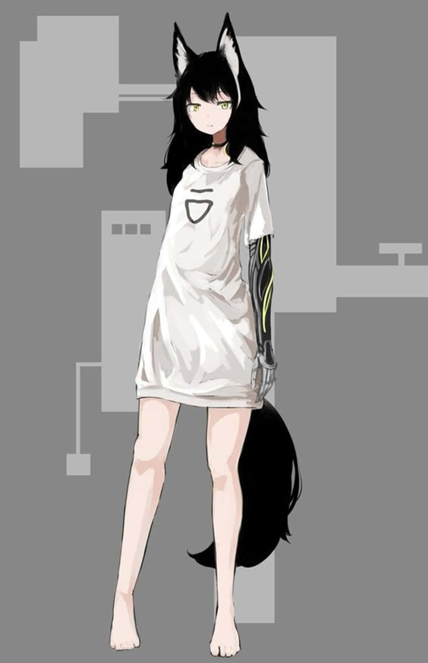 動漫女孩 桌布 壁紙 — 一位年輕的動漫女孩，擁有黑色狼耳和尾巴，穿著白色T恤和機械手臂，背景為灰色抽象圖案。