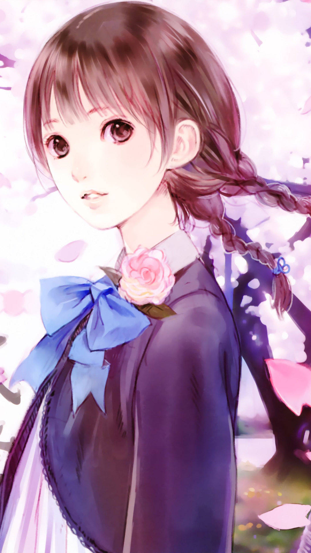Anime Girl Phone 桌布 壁紙 — 一位年輕的動漫女孩，梳著辮子，戴著藍色蝴蝶結，站在盛開的櫻花樹下，柔軟的粉色花瓣在她周圍飄舞。