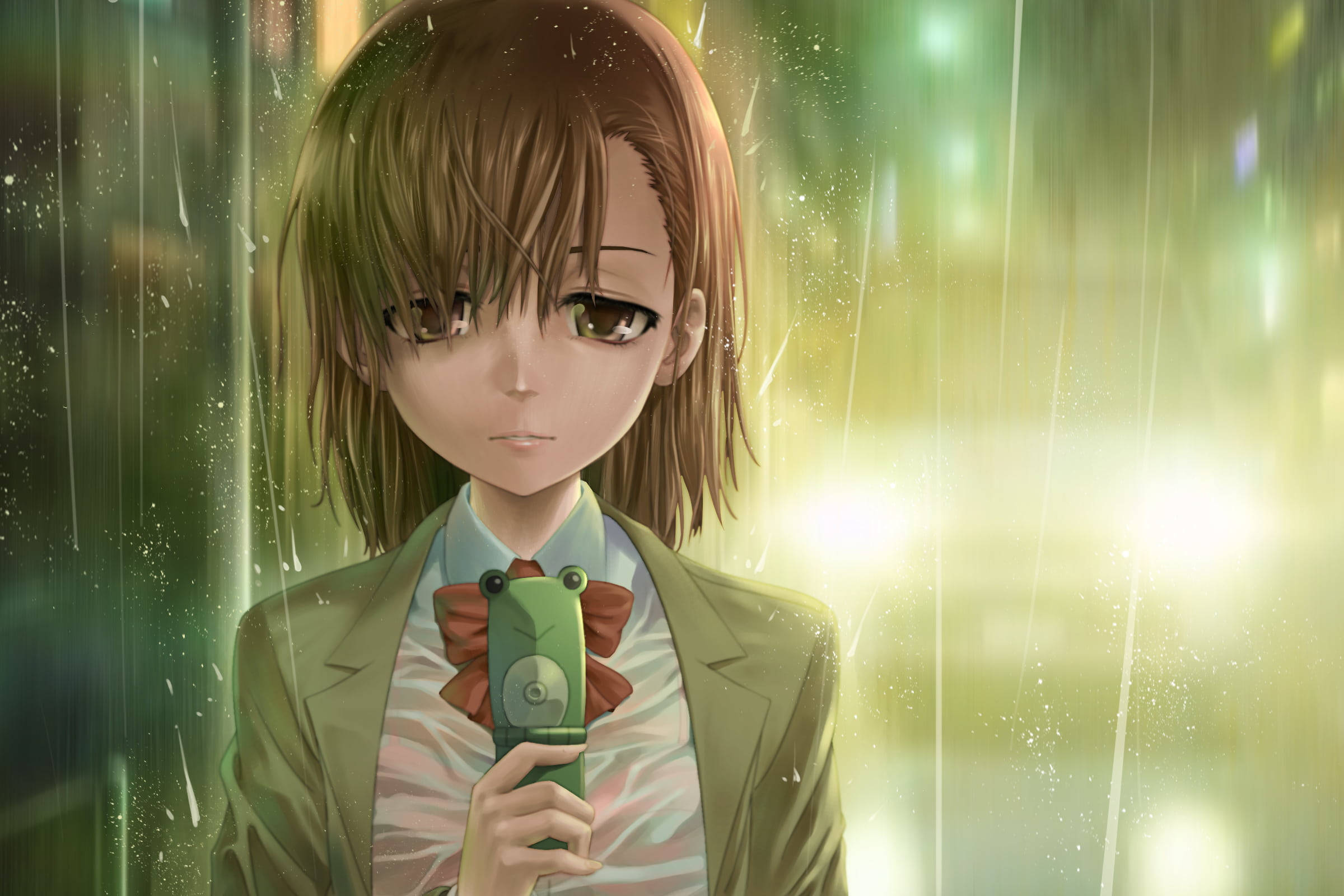 Raining 桌布 壁紙 — 一位年輕的動漫女孩，棕色頭髮，在雨淋濕的城市燈光下，金黃和綠色的光芒中拿著一部綠色電話。