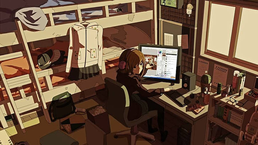 Anime Laptop 桌布 壁紙 — 一位年輕的動漫女孩，棕色頭髮，坐在舒適宿舍房間裡雜亂的書桌前，在溫暖的窗光下專注於電腦螢幕。