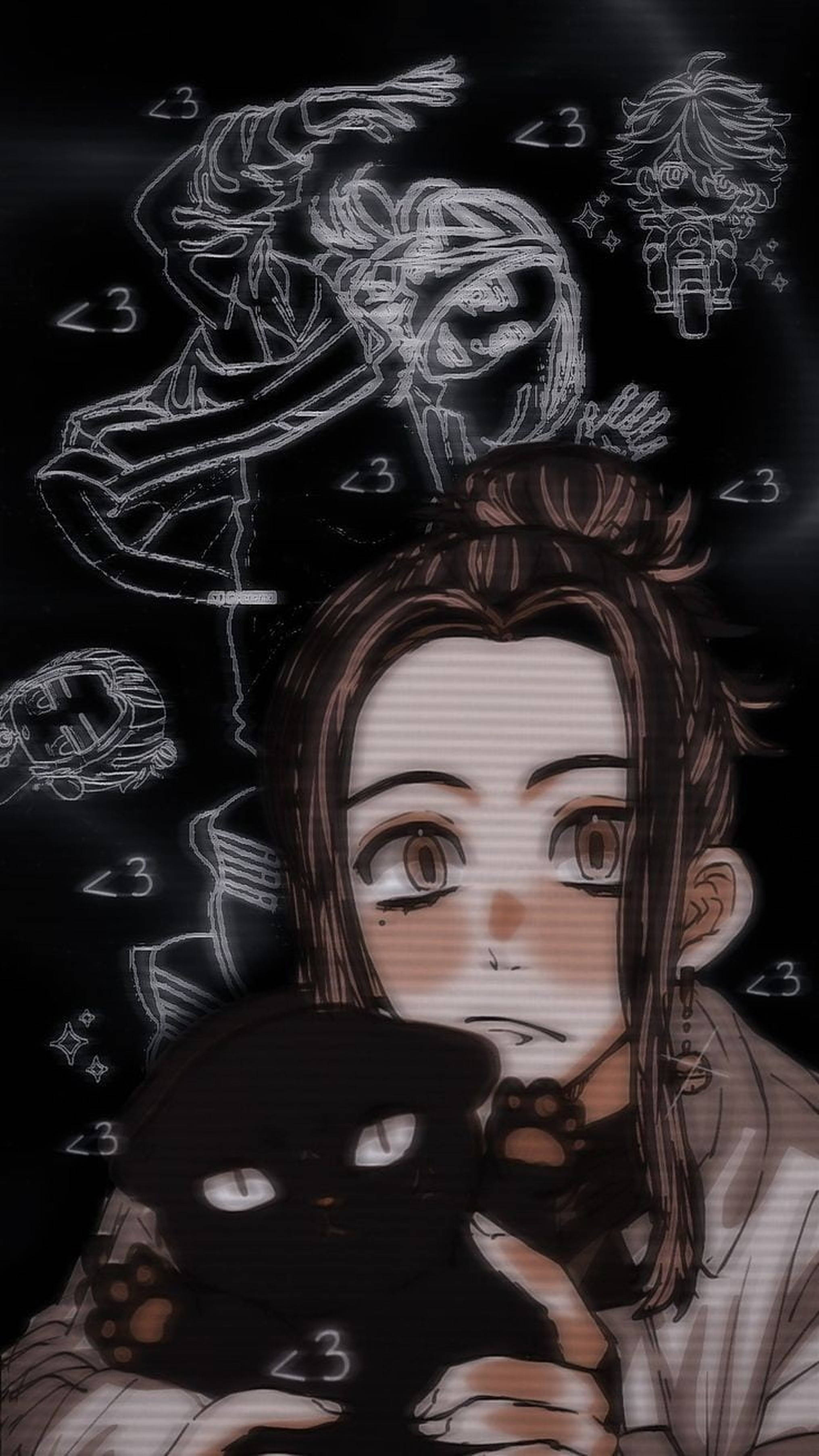 kazutora hanemiya 桌布 壁紙 — 一位年輕的動漫女孩，棕色頭髮，抱著一隻黑色貓咪玩偶，背景是黑暗的，充滿了發光的白色角色和符號草圖。
