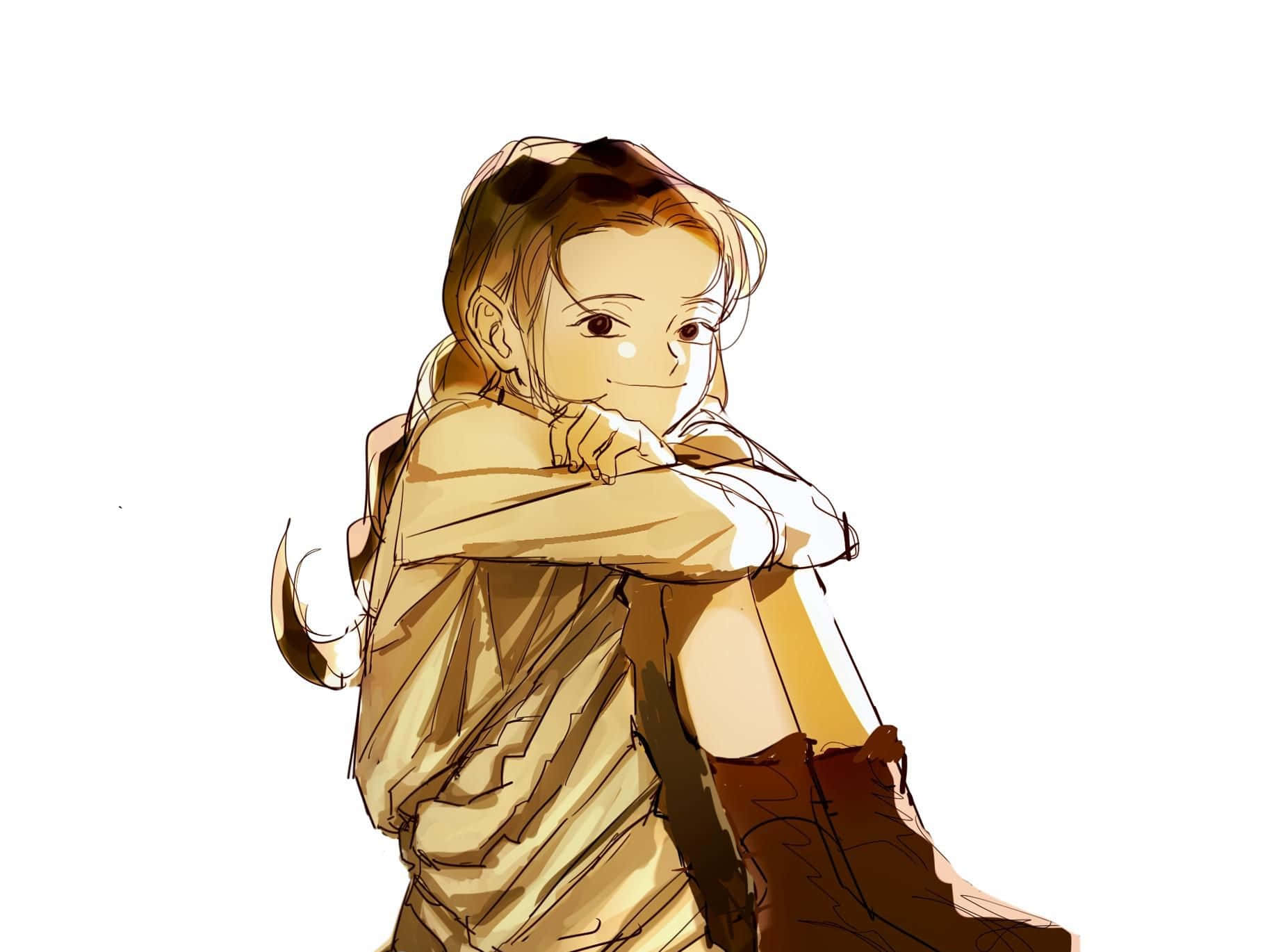 The Promised Neverland Isabella 桌布 壁紙 — 一位年輕的動漫女孩，棕色頭髮，溫暖的微笑，擁抱著自己的手臂，穿著黃色襯衫和棕色靴子。