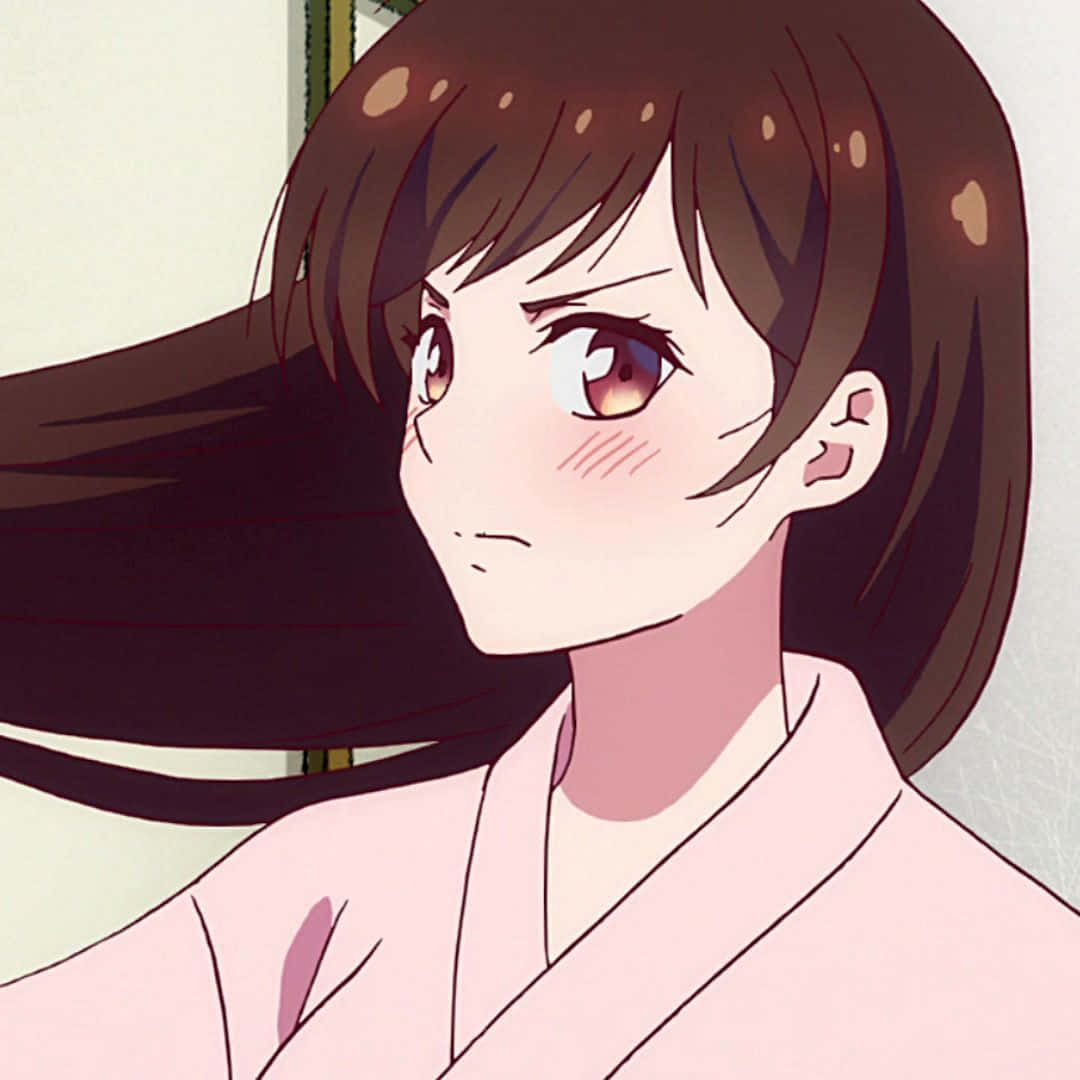 Chizuru Maihara 桌布 壁紙 — 一位年輕的動漫女孩，棕色頭髮，粉紅色眼睛，穿著淺粉紅色和服，臉頰泛紅，微微皺眉，側視著。