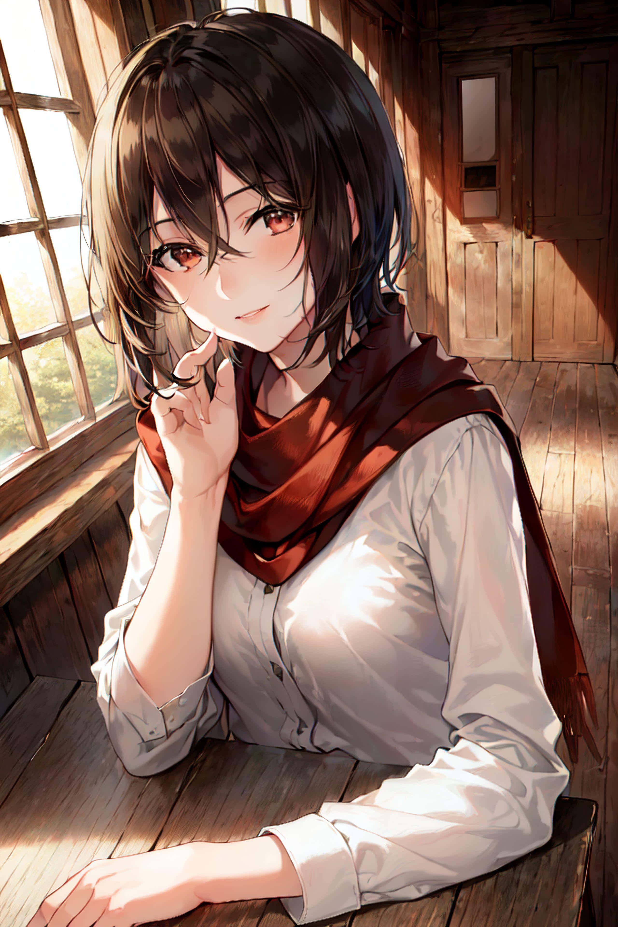 Mikasa Ackerman 桌布 壁紙 — 一位年輕的動漫女孩，棕色頭髮和紅色眼睛，坐在木屋陽光照射的窗邊，溫柔地微笑。
