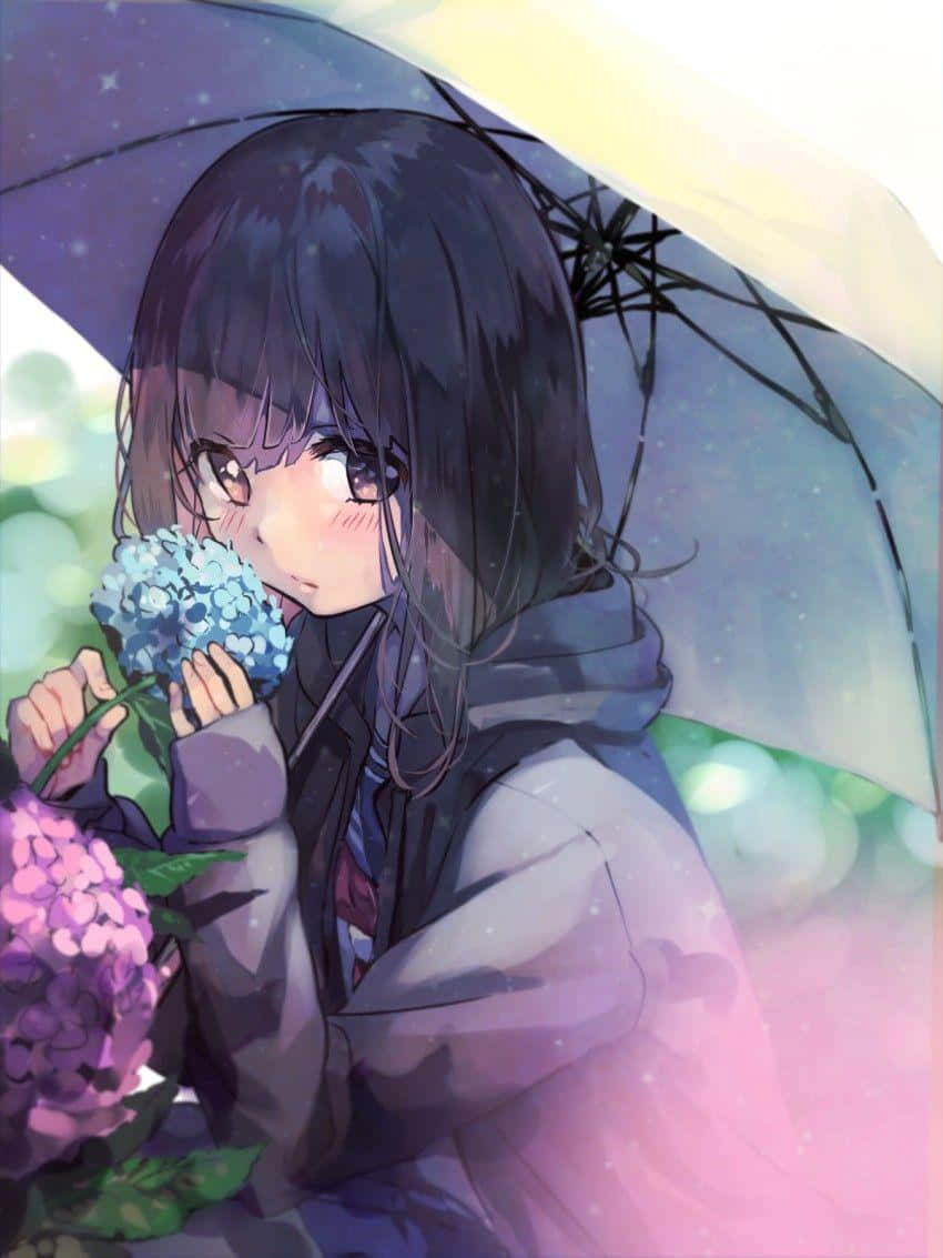 Menhera Chan 桌布 壁紙 — 一位年輕的動漫女孩，深色頭髮，在半透明雨傘下拿著藍色和粉紅色的繡球花，處於柔和的雨景中。