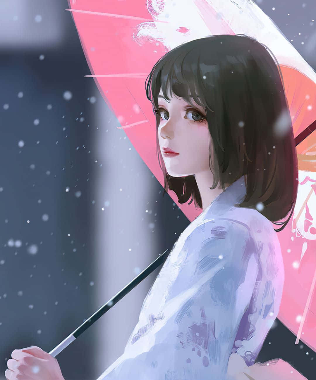 Dating Profile 桌布 壁紙 — 一位年輕的動漫女孩，深色頭髮，在柔和夢幻的氛圍中，雪花輕輕飄落，她撐著一把粉紅色的傘。