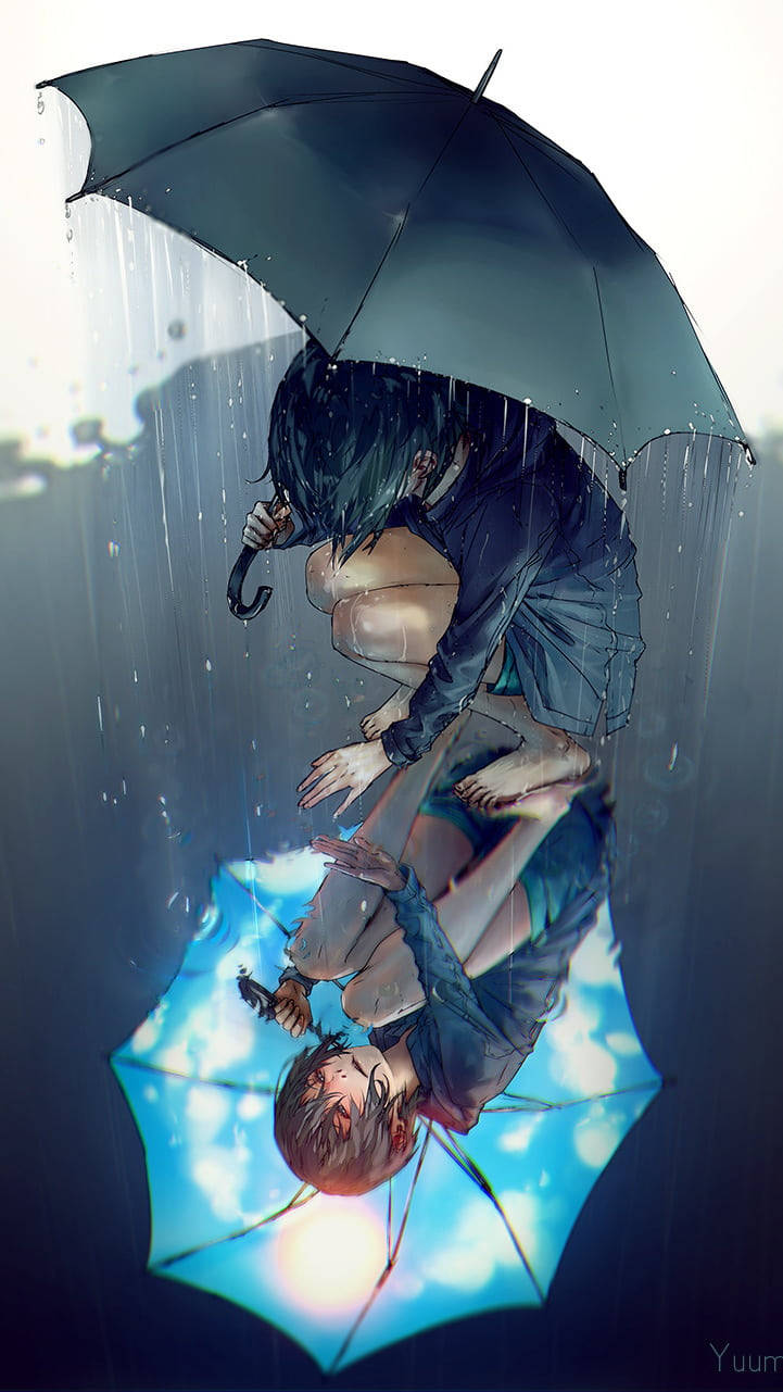 動漫女孩 桌布 壁紙 — 一位年輕的動漫女孩，深色頭髮，在雨中撐著黑色雨傘，她的倒影顯示出她下方明亮的藍天和太陽。