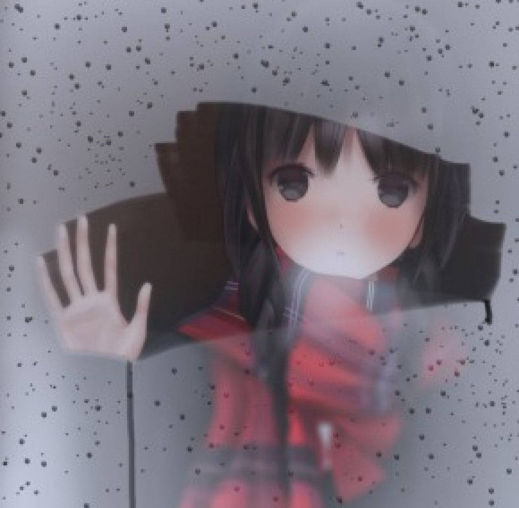 aesthetic sad anime girl 桌布 壁紙 — 一位年輕的動漫女孩，深色頭髮，將手按在佈滿雨點的窗戶上，她的紅色外套在玻璃後面柔和地發光。
