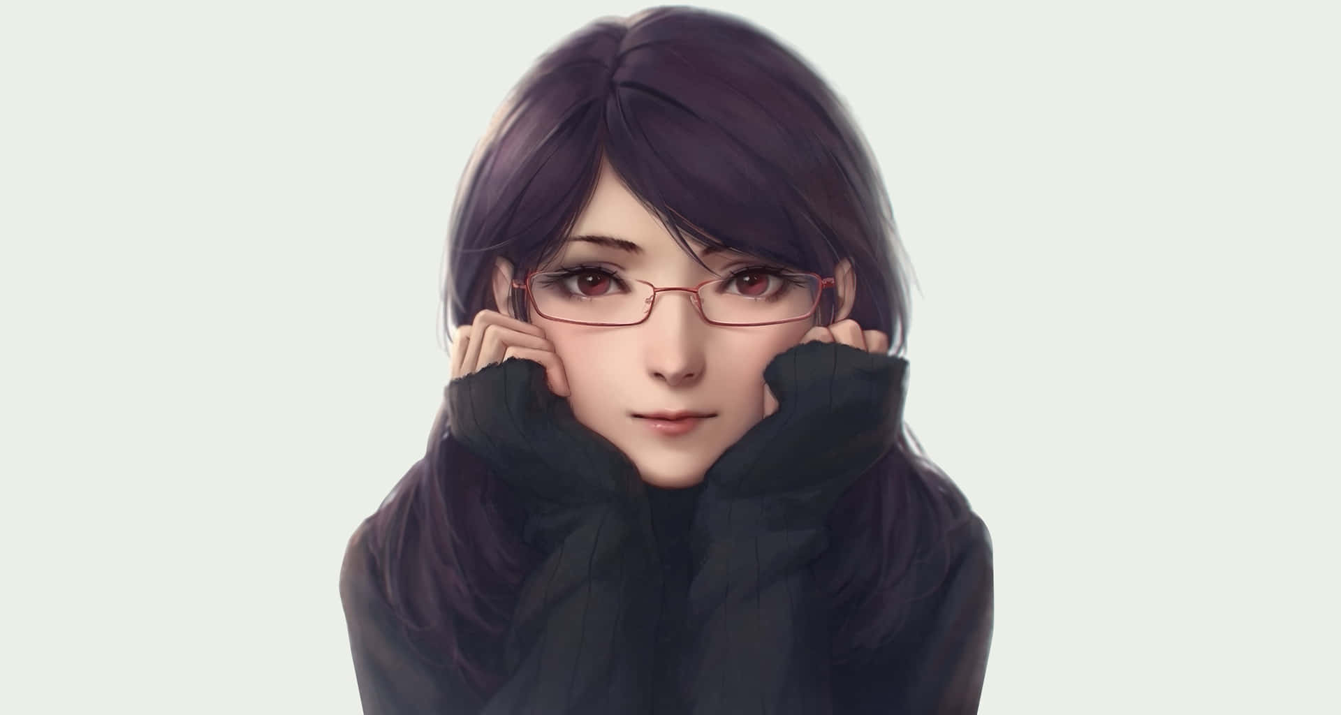 Rize Kamishiro 桌布 壁紙 — 一位年輕的動漫女孩，深色頭髮，戴著紅色眼鏡，穿著黑色連帽衫，在淺色背景上用手托著下巴。
