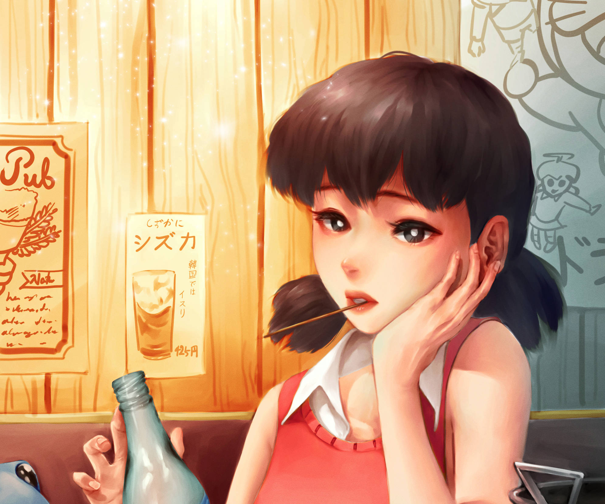 可愛的哆啦A夢 桌布 壁紙 — 一位年輕的動漫女孩，深色頭髮，手托腮，在溫暖燈光的酒吧裡拿著瓶子，周圍有日文標誌。