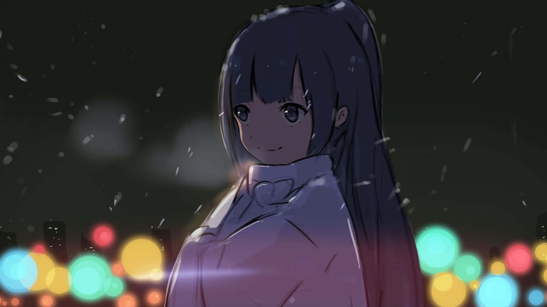 暗黑動漫 桌布 壁紙 — 一位年輕的動漫女孩，深色頭髮，站在飄落的雪中，背景是模糊的城市天際線，在夜晚閃爍著多彩的散景燈光。