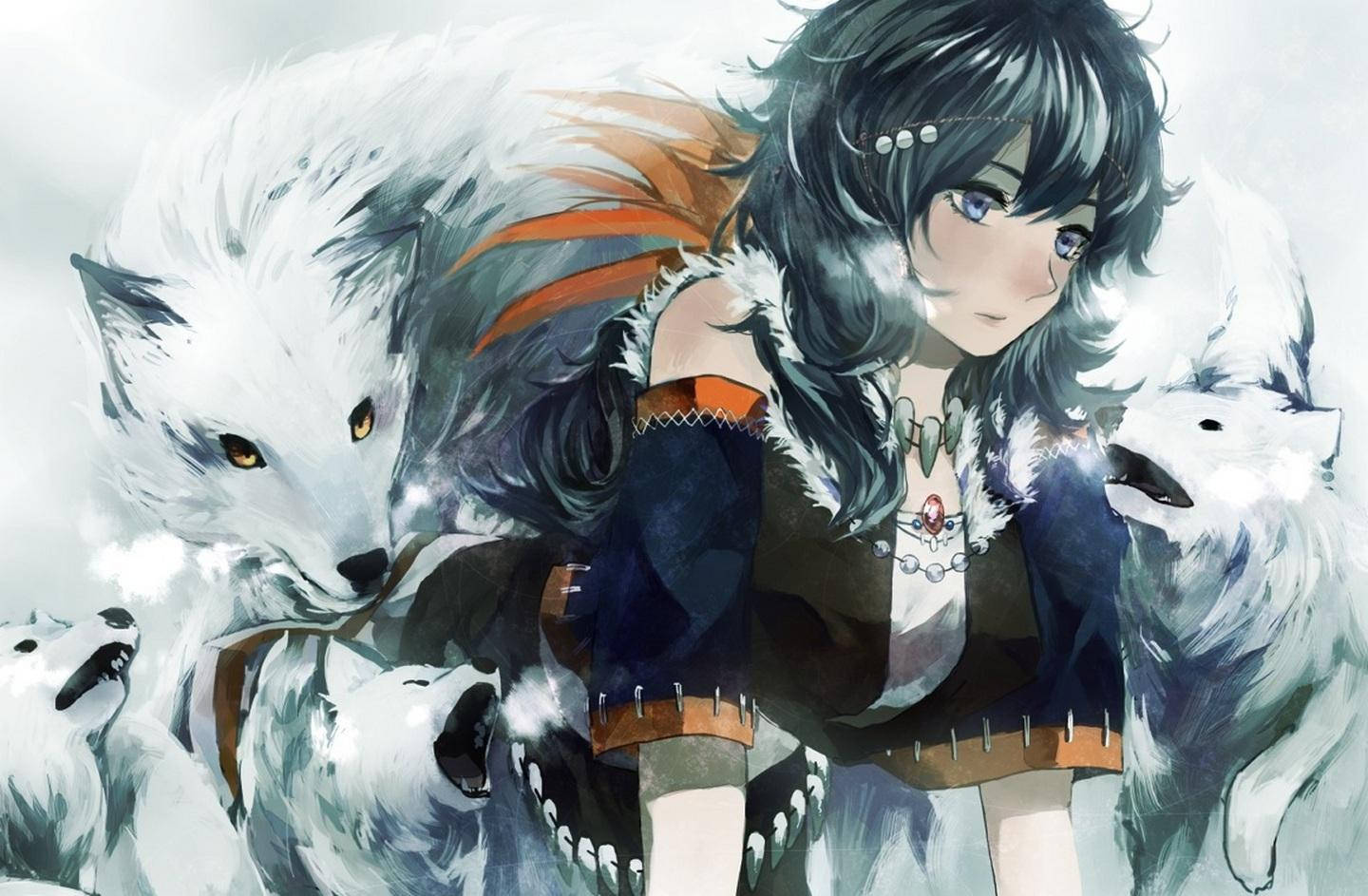Wolf Girl 桌布 壁紙 — 一位年輕的動漫女孩，深色頭髮和藍色眼睛，站在雪白、空靈的風景中，被白狼包圍。