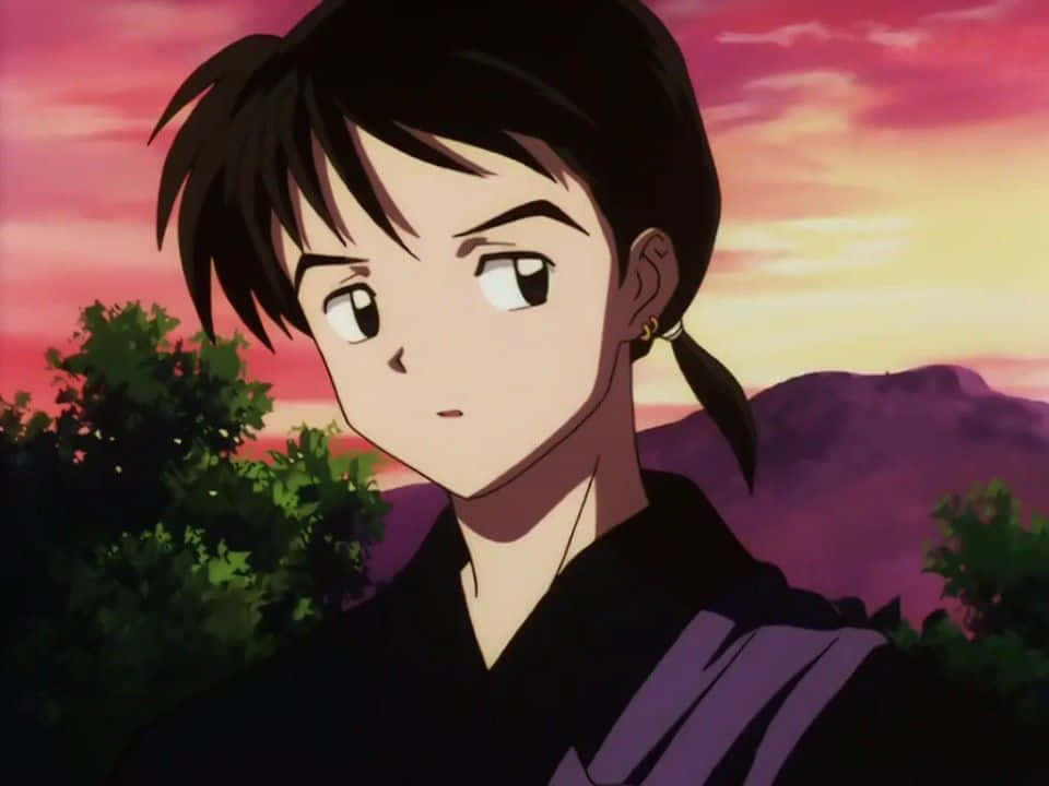 Inuyasha And Miroku 桌布 壁紙 — 一位年輕的動漫女孩，深色頭髮和馬尾辮，在充滿活力的粉紅色和橙色日落天空下若有所思地凝視著。