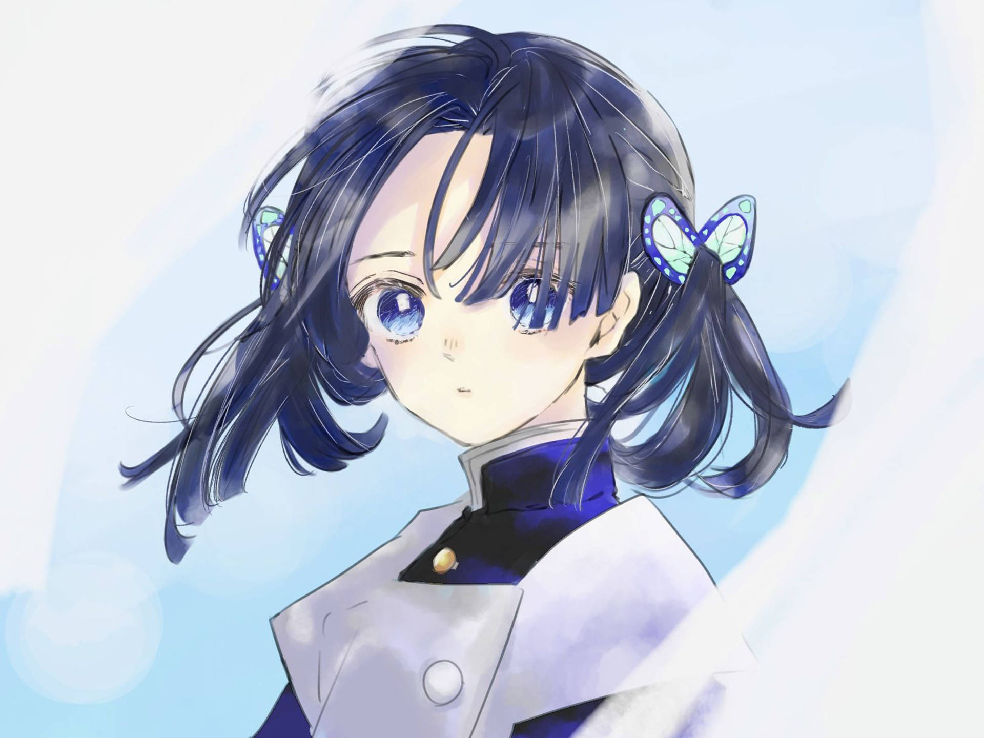 aoi kanzaki 桌布 壁紙 — 一位年輕的動漫女孩，深藍色頭髮，蝴蝶髮夾，在柔和的藍色漸變背景前溫柔地凝視。