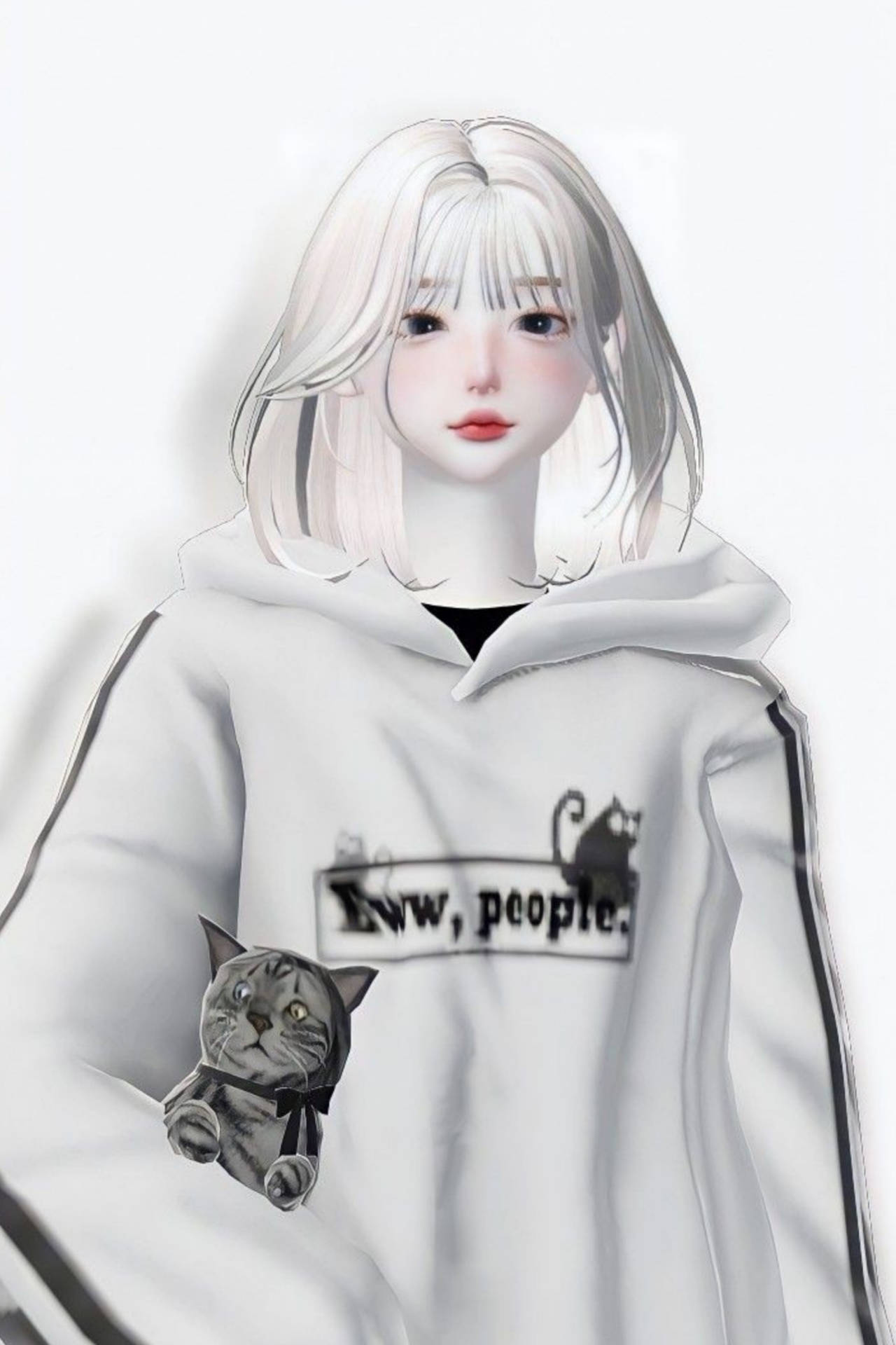 少女風 桌布 壁紙 — 一位年輕的動漫女孩，淺色頭髮，穿著白色連帽衫，抱著一隻灰色虎斑貓絨毛玩具，背景是純白色。