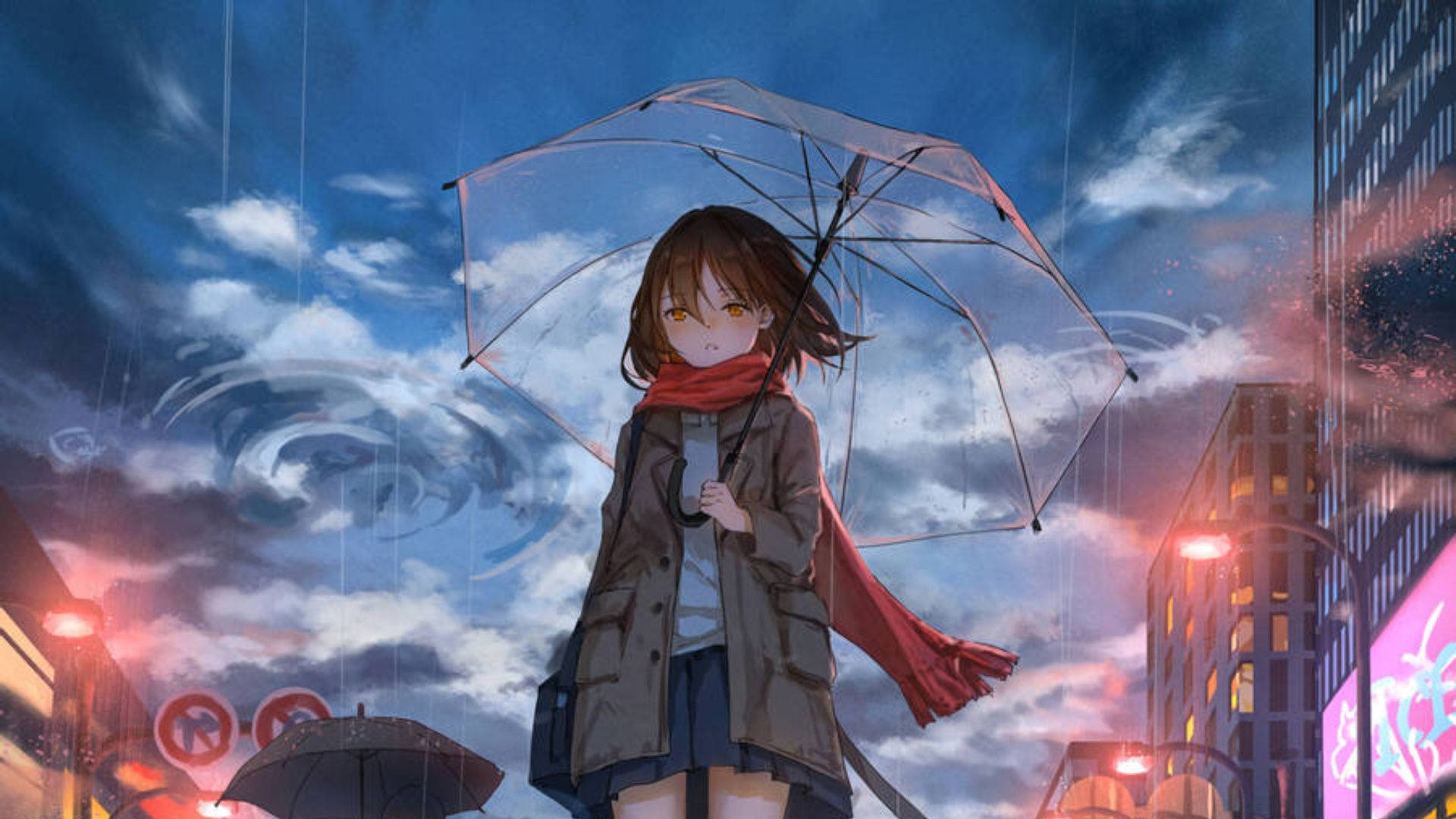 Cool Girl Laptop 桌布 壁紙 — 一位年輕的動漫女孩，琥珀色的眼睛，在雨夜的暮色城市天空下，霓虹燈和漩渦雲中，拿著一把透明雨傘。
