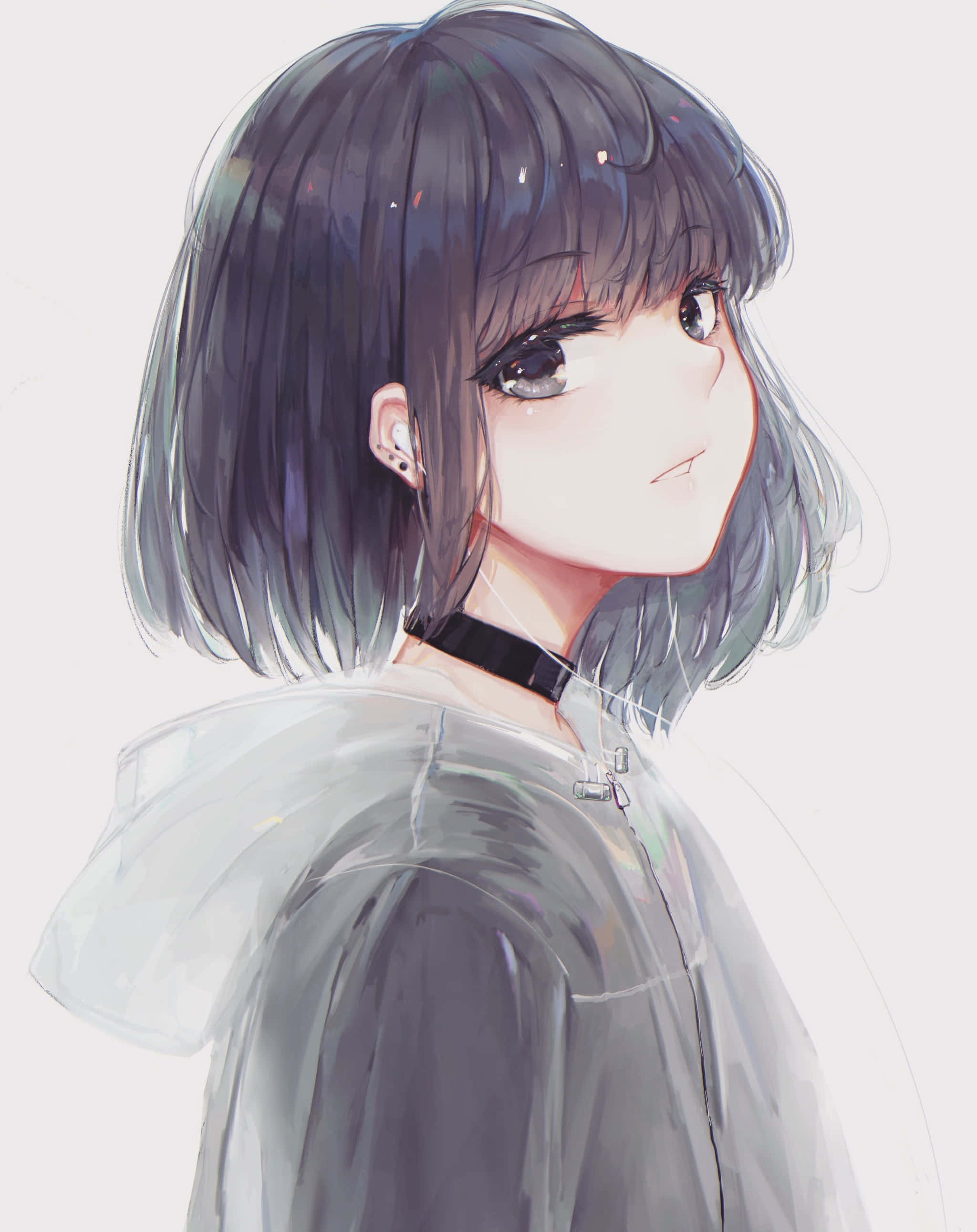 動漫女孩 桌布 壁紙 — 一位年輕的動漫女孩，留著短黑髮，戴著耳機，穿著透明連帽衫，溫柔地回頭看。