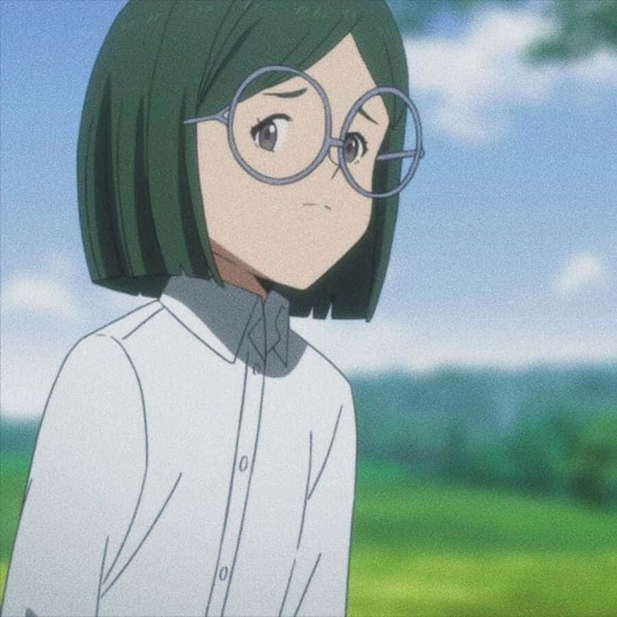 The Promised Neverland Gilda 桌布 壁紙 — 一位年輕的動漫女孩，留著綠色鮑伯頭，戴著圓框眼鏡，在明亮的藍天和綠野中若有所思地望向一旁。