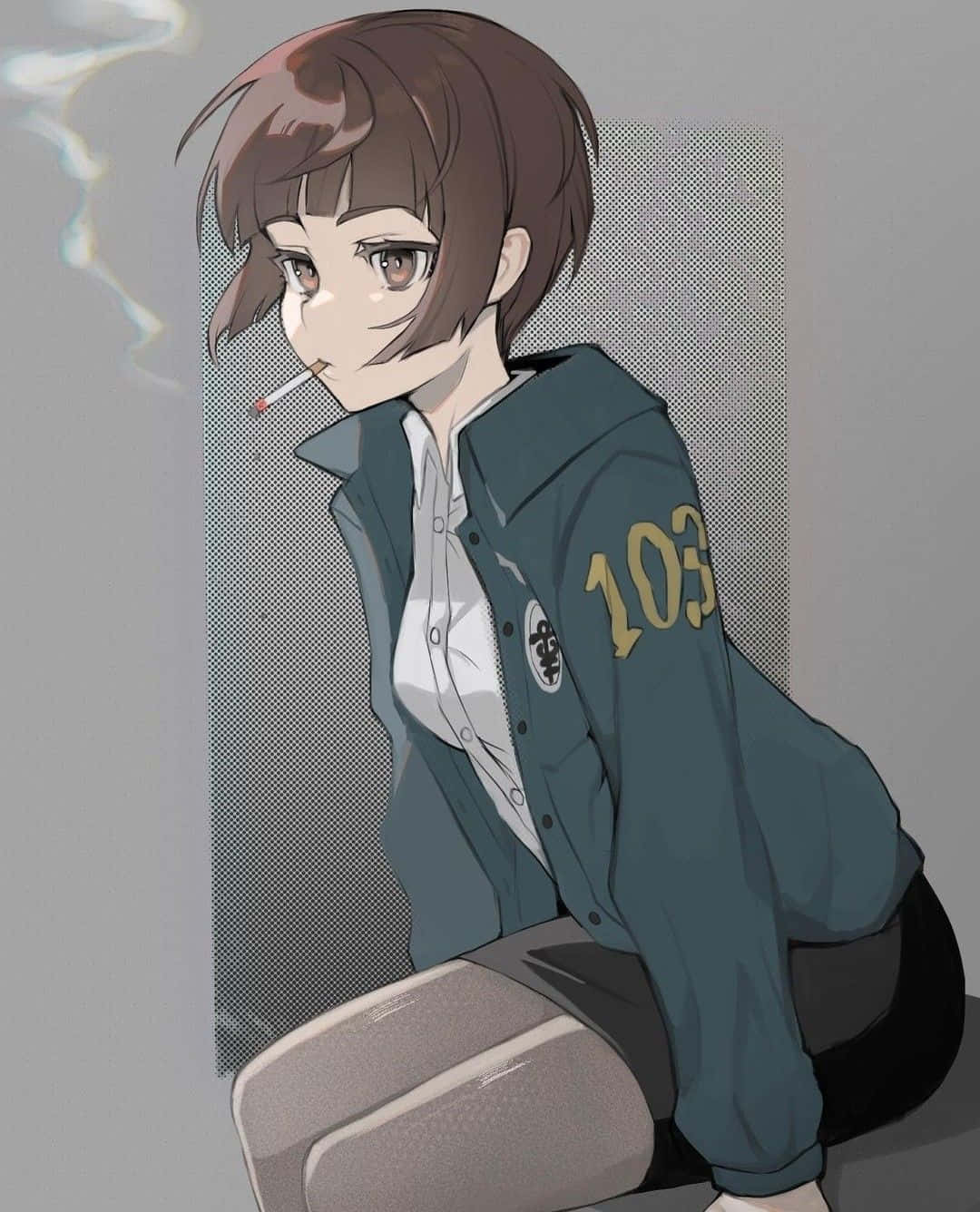 Akane Tsunemori 桌布 壁紙 — 一位年輕的動漫女孩，短棕色頭髮，穿著深綠色外套，袖子上有103號碼，正在抽煙。