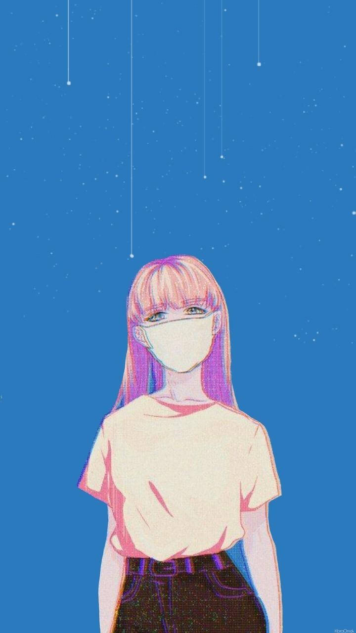 動漫女孩 桌布 壁紙 — 一位年輕的動漫女孩，粉紅色頭髮，戴著口罩，站在繁星點點的藍色天空下，發光的白色水滴從天而降。