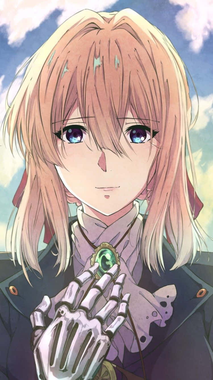 Violet Evergarden iPhone 桌布 壁紙 — 一位年輕的動漫女孩，粉紅色頭髮和紫色眼睛，握著一隻骷髏手，手裡緊握著一顆綠色寶石，背景是陰天。