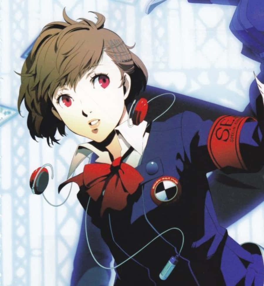 Anime Character 桌布 壁紙 — 一位年輕的動漫女孩，紅眼睛，棕色頭髮，穿著深藍色校服，配紅色蝴蝶結和耳機。