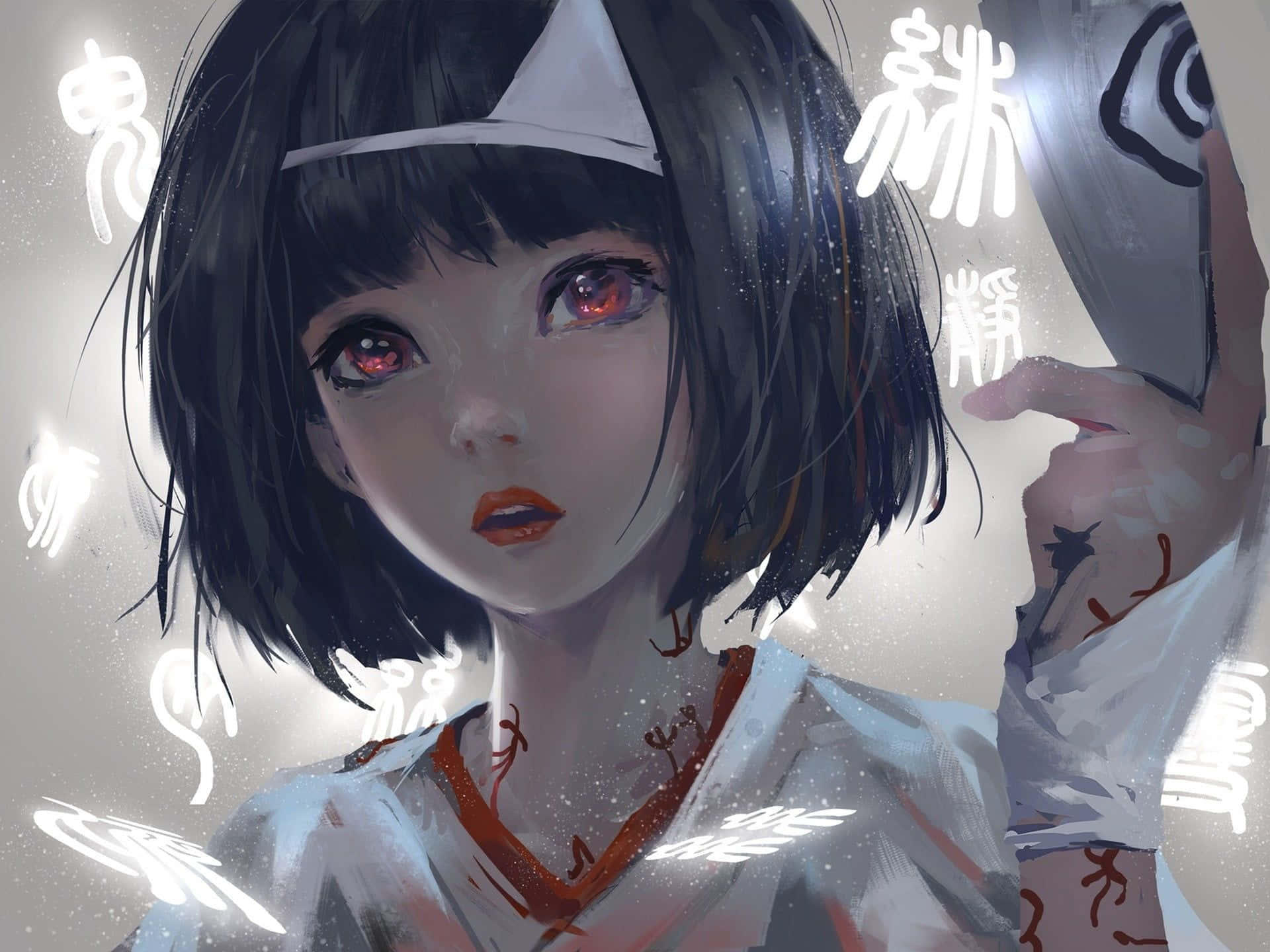 Anime Girl Black Hair 桌布 壁紙 — 一位年輕的動漫女孩，紅眼睛黑頭髮，手持面具，發光的漢字在她周圍漂浮，營造出神秘的場景。