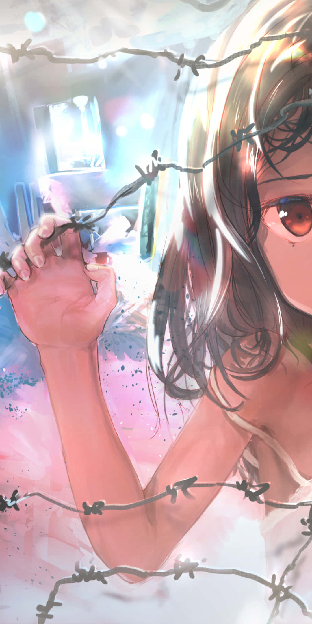 anime sad 桌布 壁紙 — 一位年輕的動漫女孩，紅色的眼睛，抓著鐵絲網，背景是發光的藍色和粉紅色。