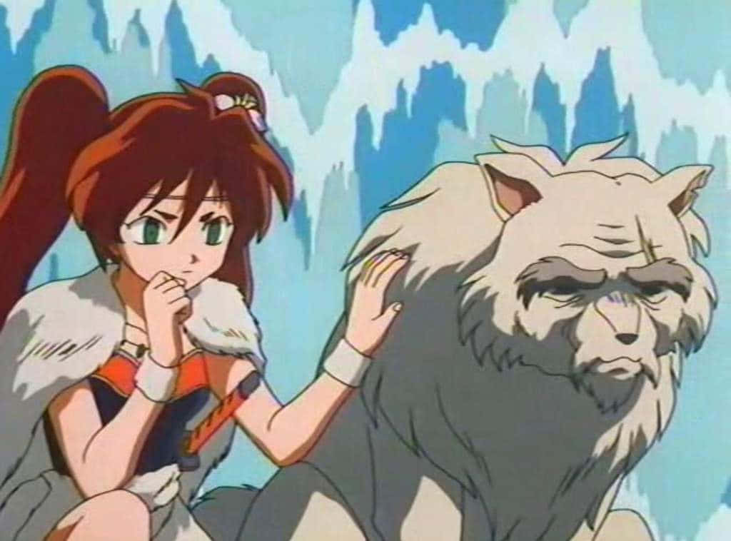 Inuyasha Ayame 桌布 壁紙 — 一位年輕的動漫女孩，紅色雙馬尾，在冰藍色山脈的背景下，輕輕撫摸著一頭灰白色的狼。
