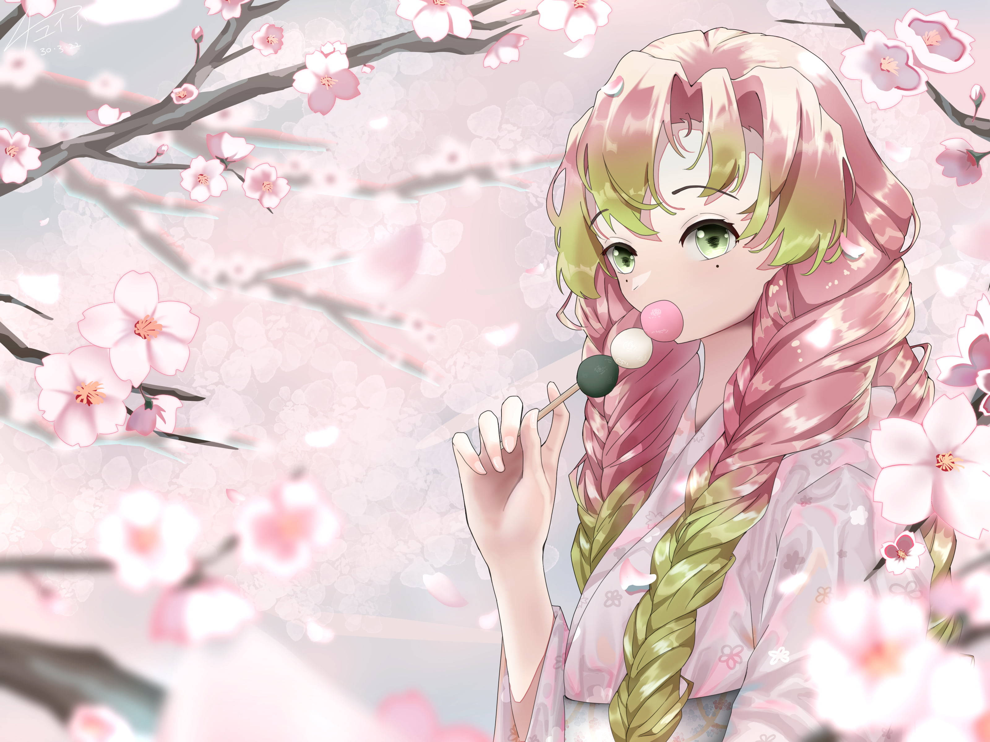 Mitsuri 桌布 壁紙 — 一位年輕的動漫女孩，綠髮粉紅和服，在盛開的櫻花下吃甜糰子。