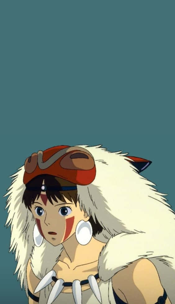 Studio Ghibli Phone 桌布 壁紙 — 一位年輕的動漫女孩，臉上塗著紅色顏料，戴著白色毛領，在純青色背景上向上凝視。