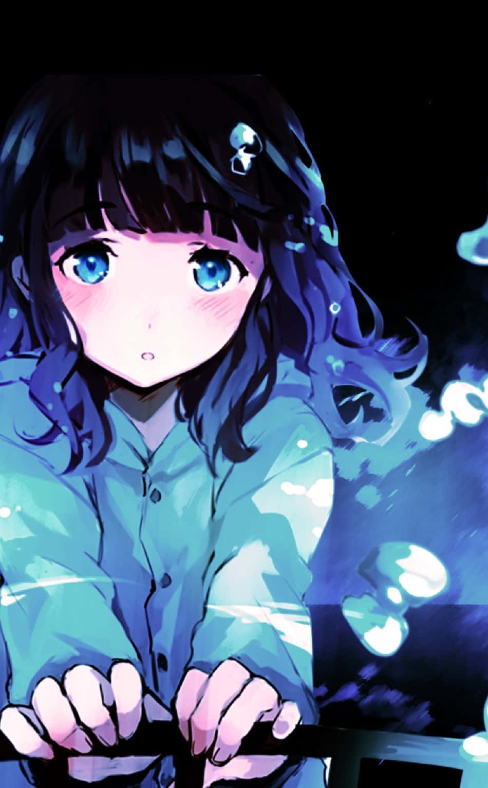 anime cry 桌布 壁紙 — 一位年輕的動漫女孩，藍眼睛、深色頭髮，在黑色背景中閃爍的藍色氣泡中緊握著一把劍。